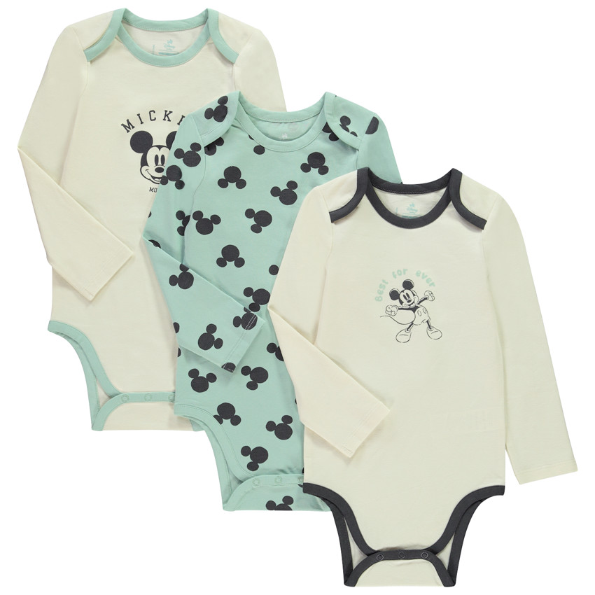 Pack de 3 bodies de manga larga Mickey Disney para bebé con diferentes aperturas según la edad. 