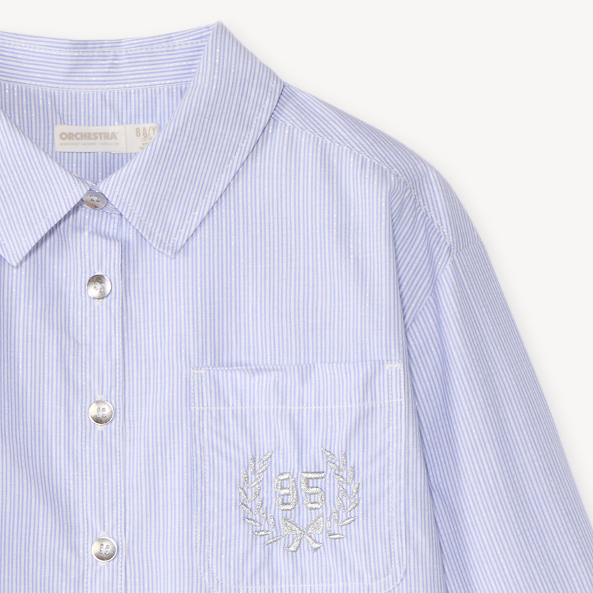 Camisa de niña de manga larga a rayas con detalles plateados. 