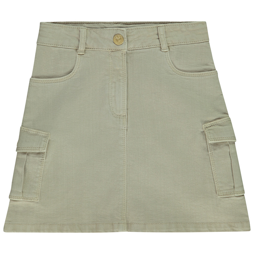 Falda de mezclilla overdye con bolsillos tipo plastrón para niña 