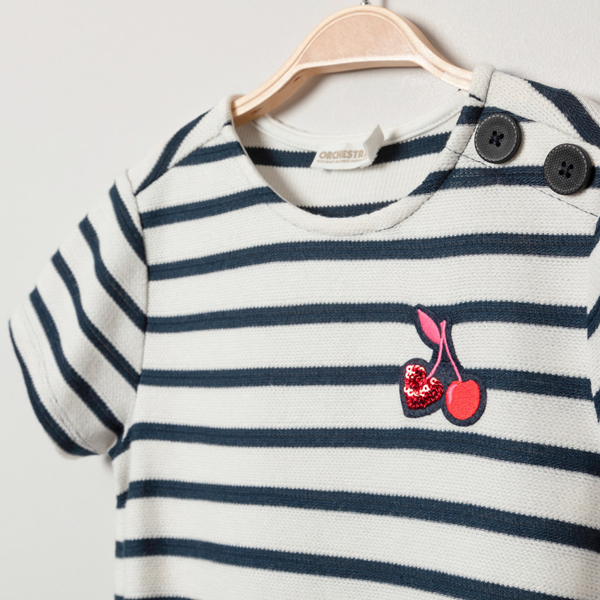 Vestido efecto 2 en 1 rayas y parche cerezas 