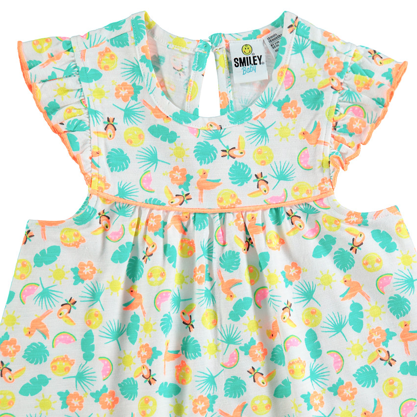 Vestido de manga corta de con volantes y estampado tropical all over 