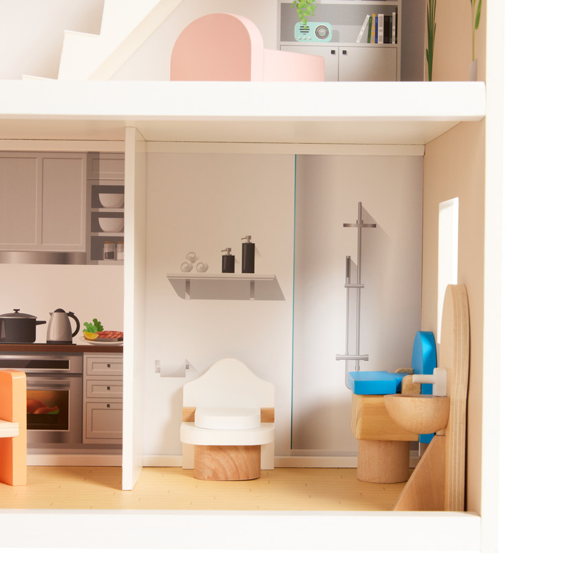 Casa de muñecas amueblada de madera 