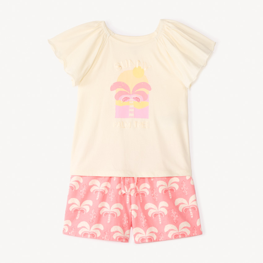 Conjunto de 2 piezas camiseta de manga corta + pantalón corto con motivos de palmera para niña. 