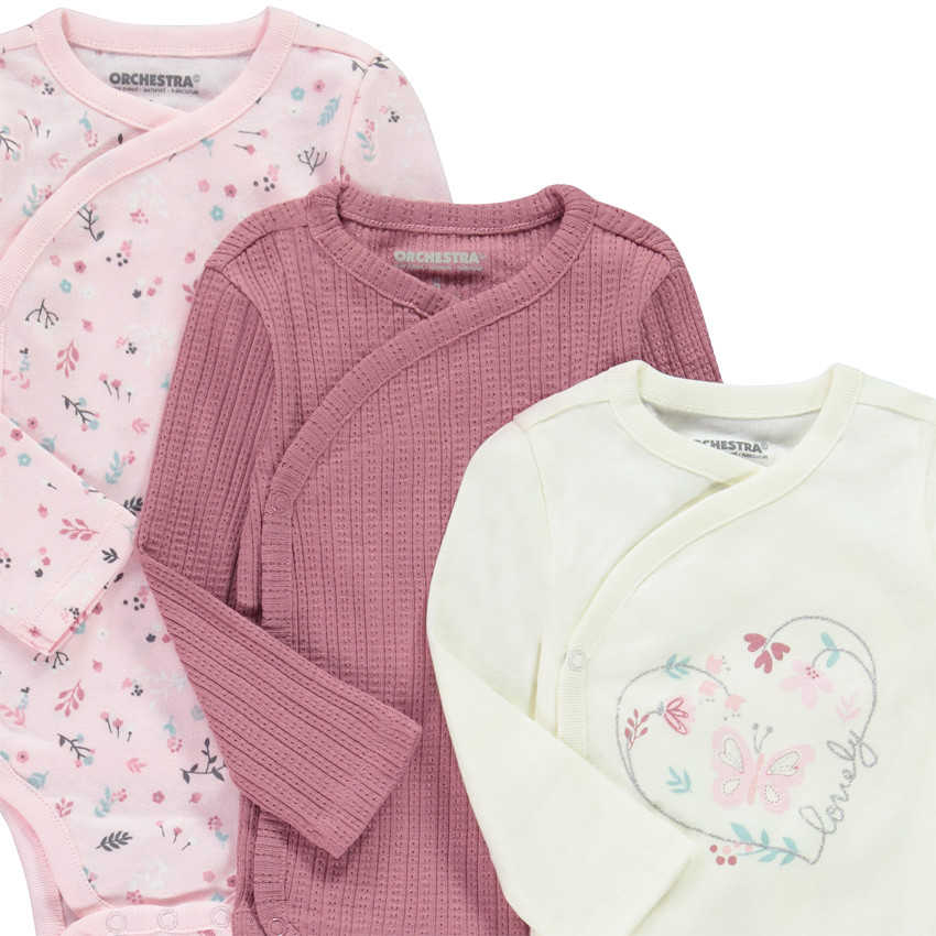 Pack de 5 bodies de manga larga para bebé niña con diferentes aperturas según la edad. 