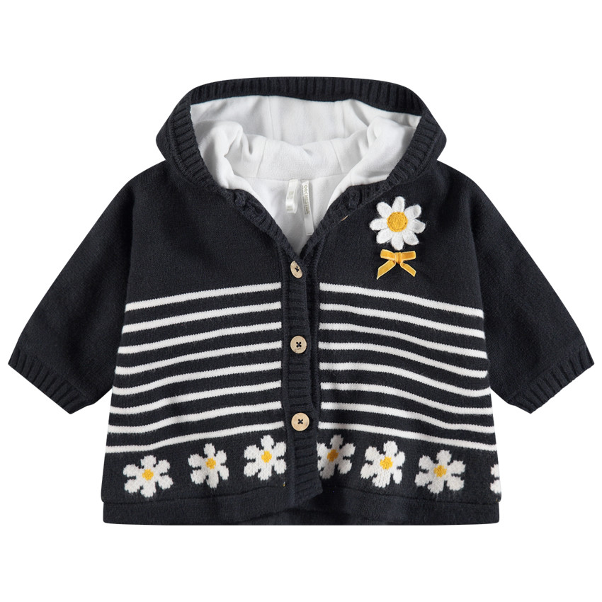 Chaqueta con capucha de punto con forro de micropolar de rayas y margaritas 