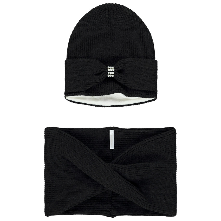 Conjunto de punto con gorro + snood con strass para niña. 