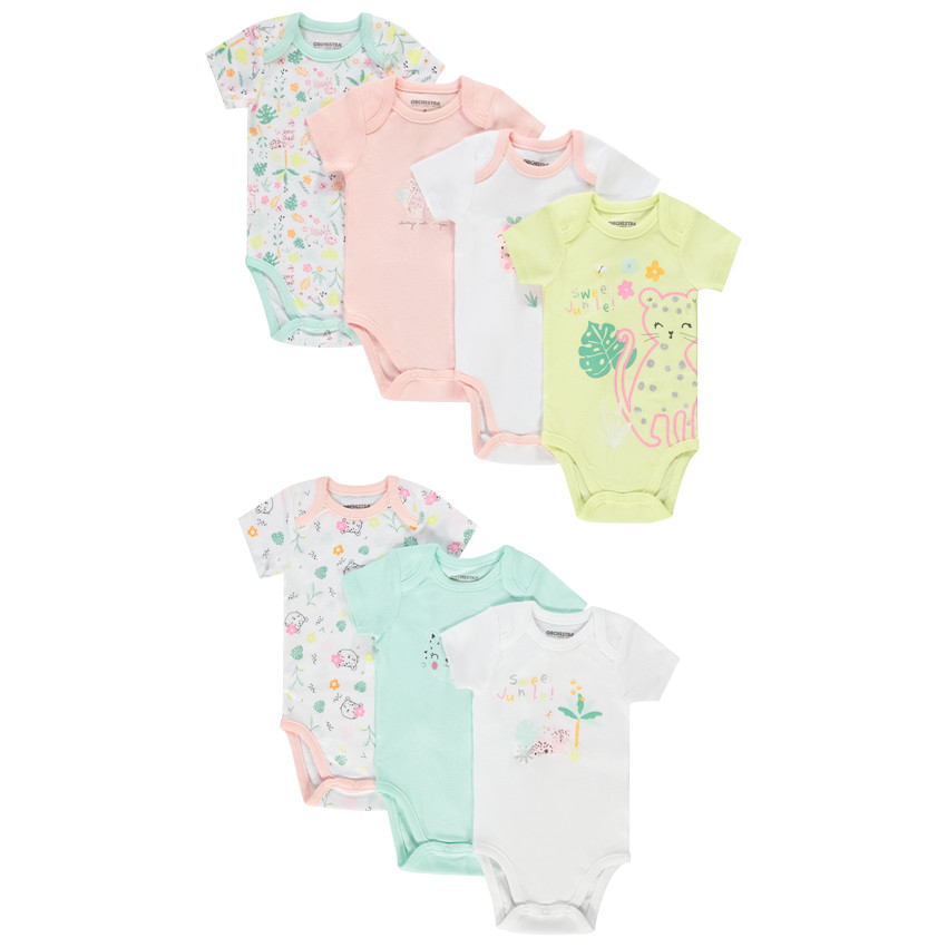 Pack de 7 bodies de manga corta de jersey con estampado de animales para bebé niña. 