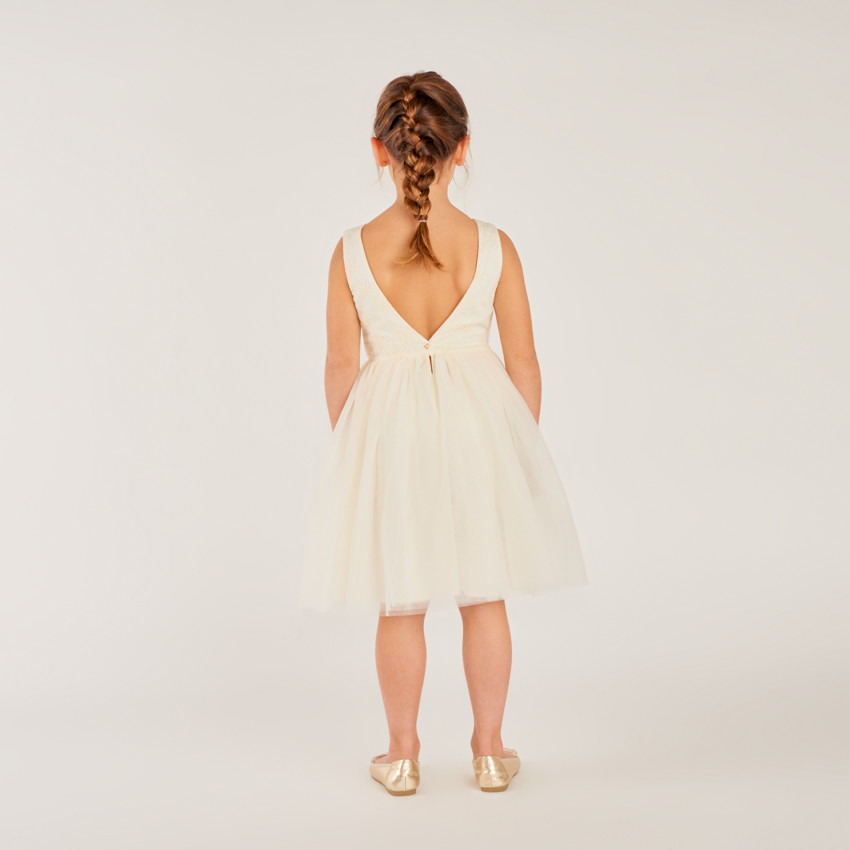 Robe de ceremonia de satén y tul con flores para niña 