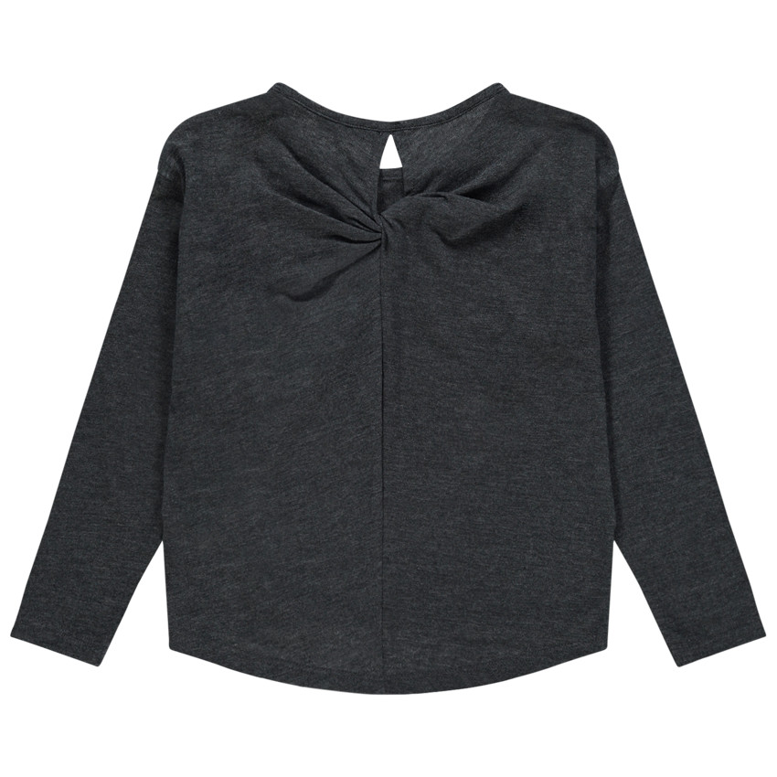 Camiseta manga larga jaspeada con mensaje y pompones 