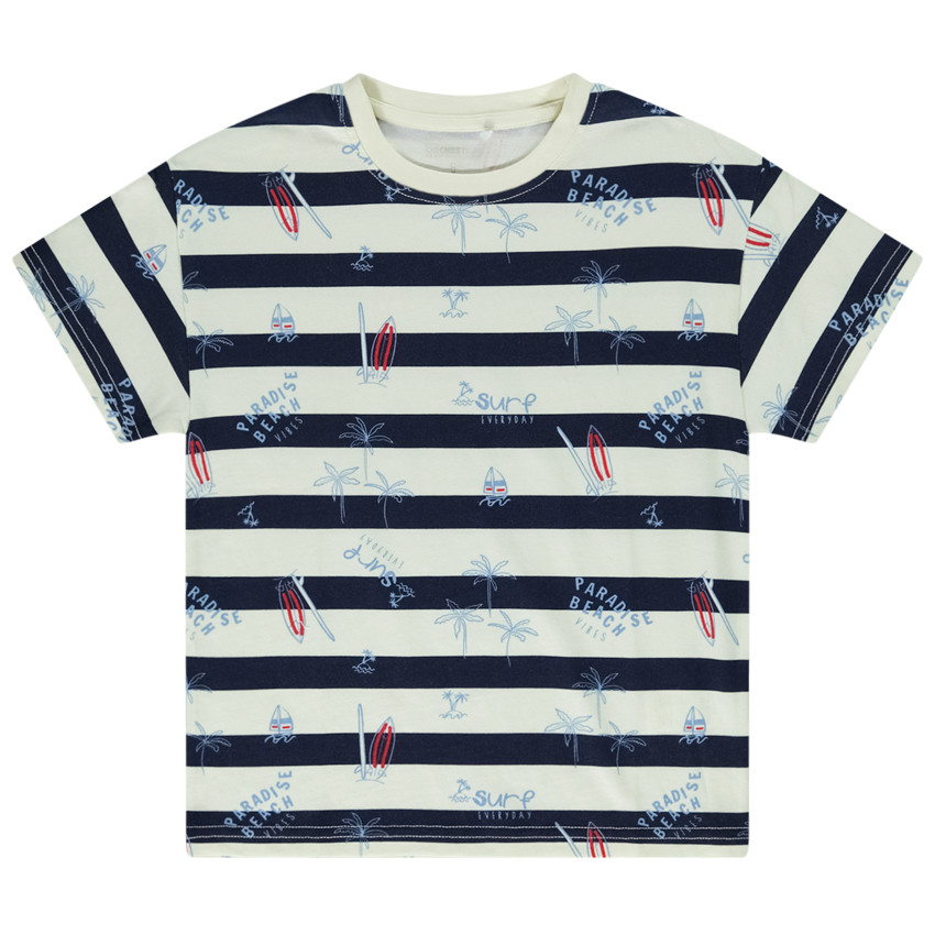 Camiseta manga corta rayada con estampado fantasía para niño 