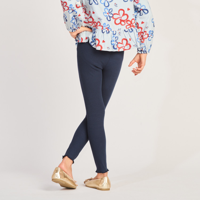 Leggings de punto acanalado liso con cordón y pompones para niña 