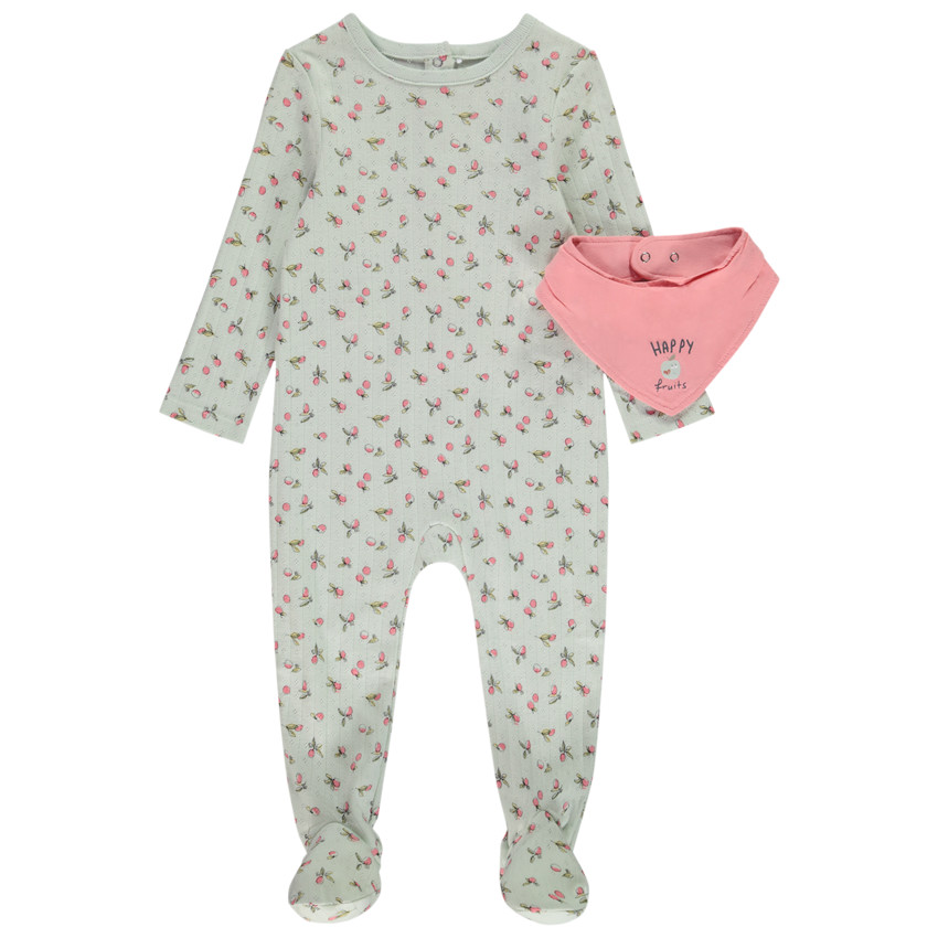 Conjunto pelele estampado + babero bandana para bebé niña con diferentes aperturas según la edad 