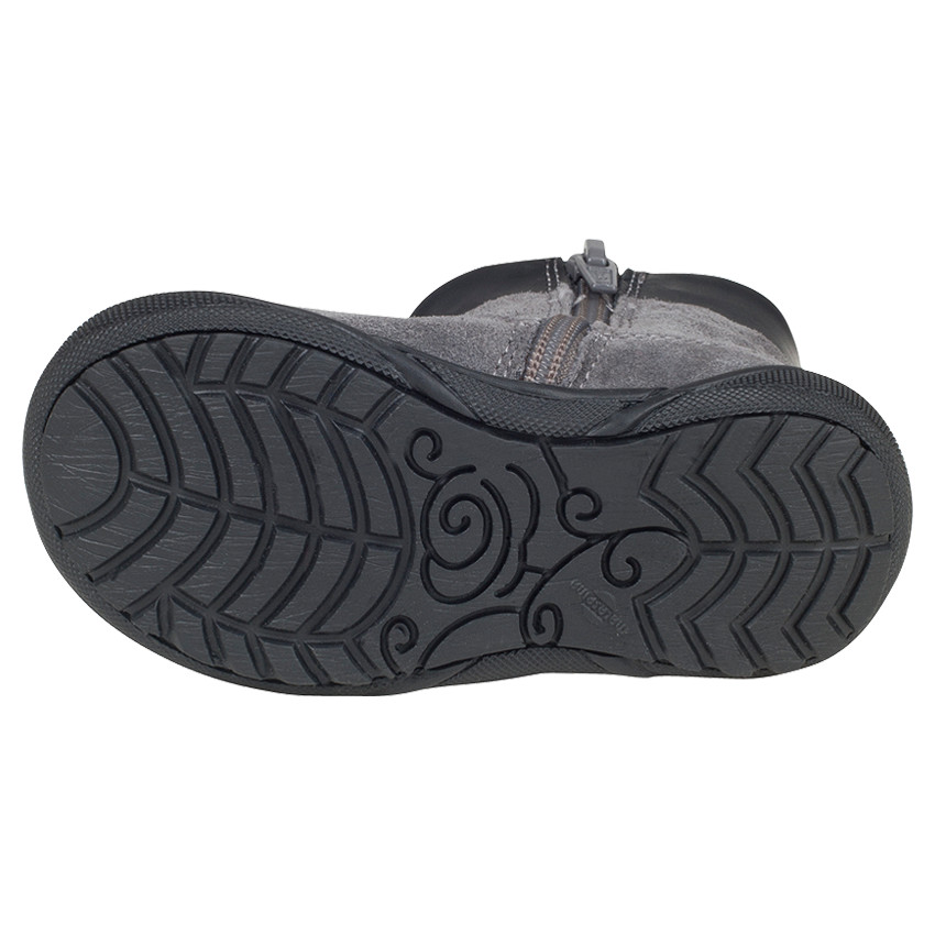 Botines de piel serraje de color gris con pompones con fantasía con cremallera 