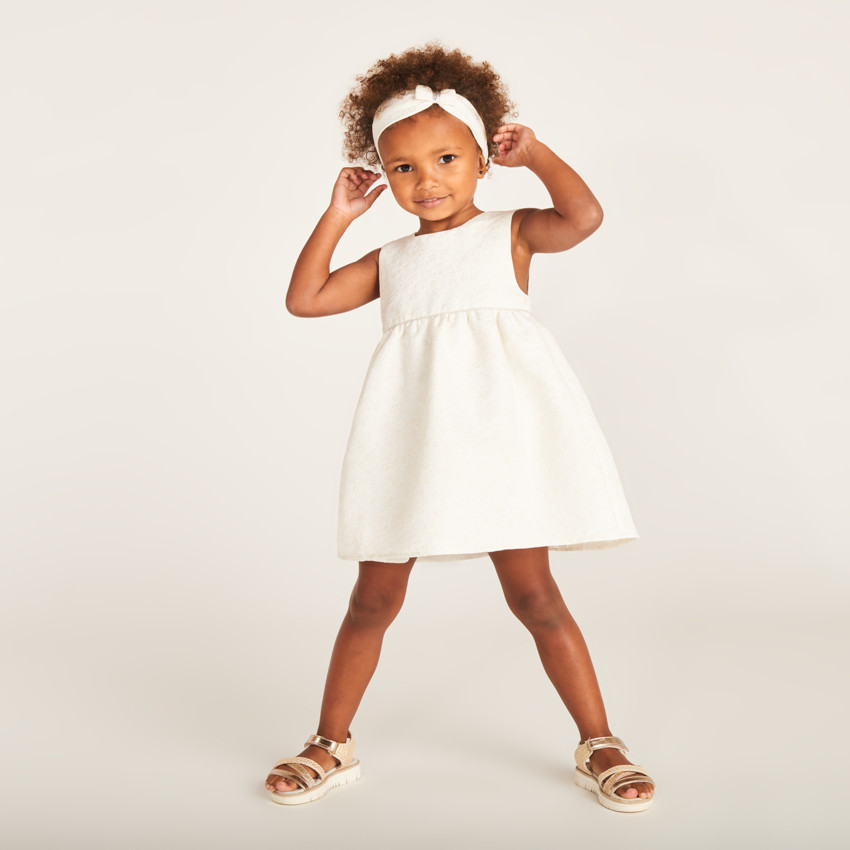 Robe de jacquard fleuri + bandeau à nœud pour bébé fille 