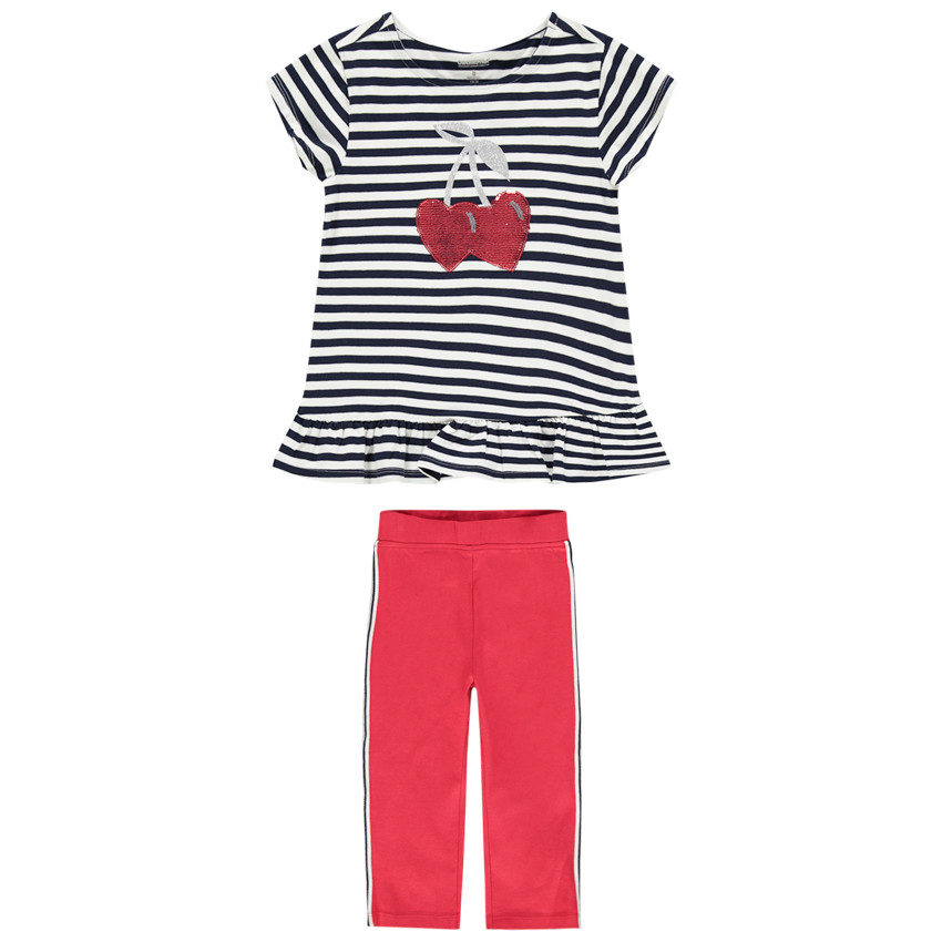 Conjunto con túnica de rayas con dibujo de lentejuelas y leggings con bandas 