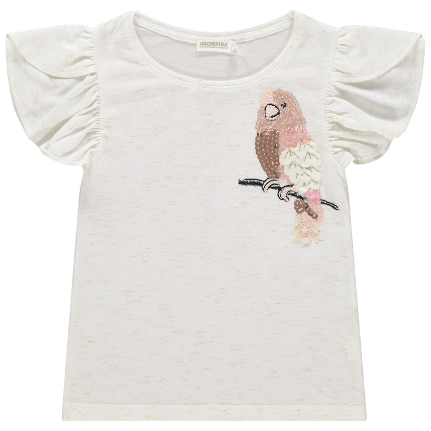 Camiseta manga corta con volantes motivo loro en lentejuelas 