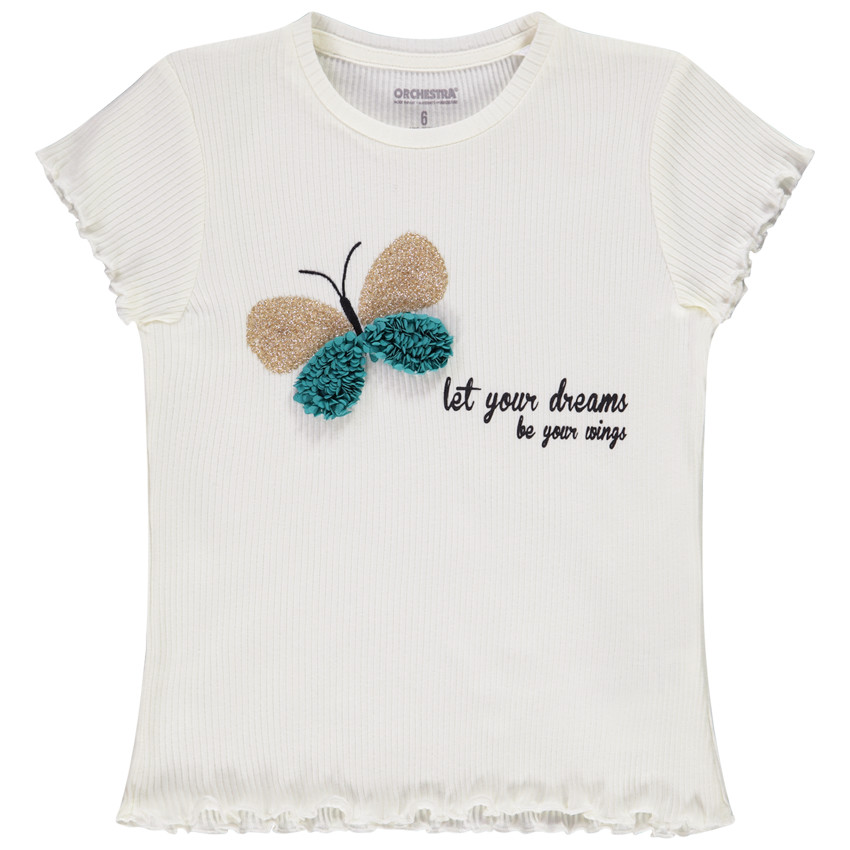 Camiseta de manga corta en algodón efecto acacanalado con print de mariposa y detalles en relive para niña 