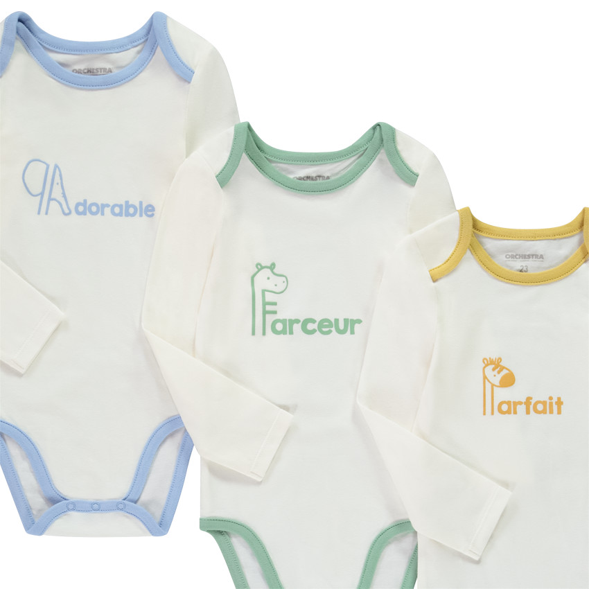 Pack de 5 bodies de manga larga con estampados para bebé niño con diferentes aberturas según la edad. 