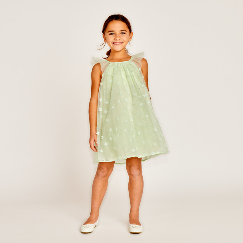 Robe unie en tulle avec petites fleurs 3D pour fille 