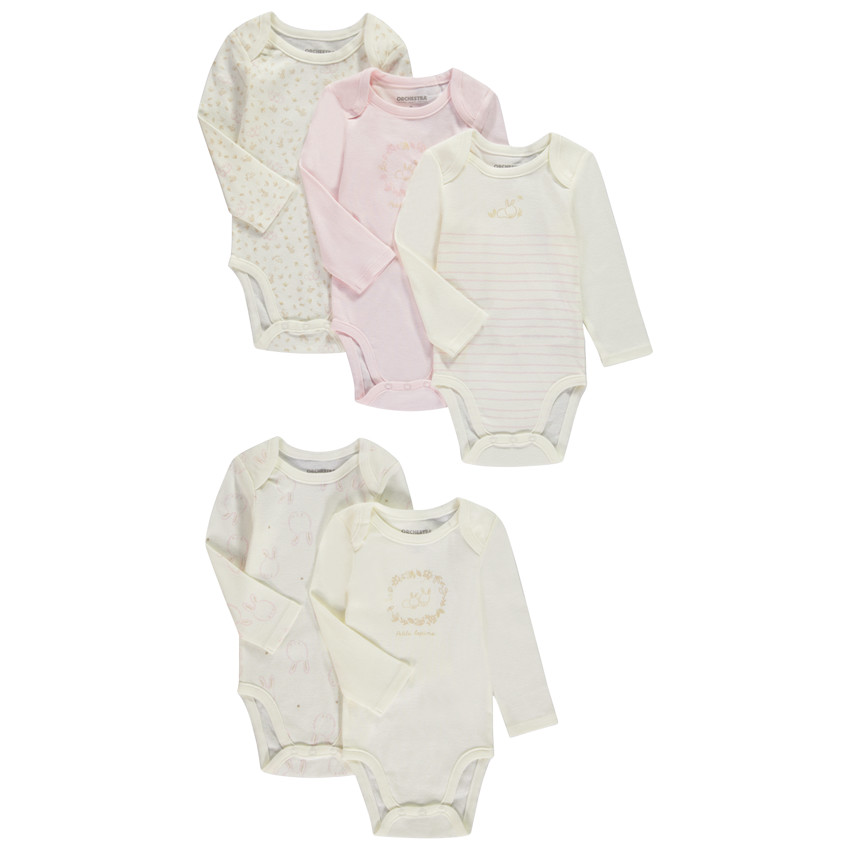 Pack de 5 bodies de manga larga con estampado de conejito para bebé niña 