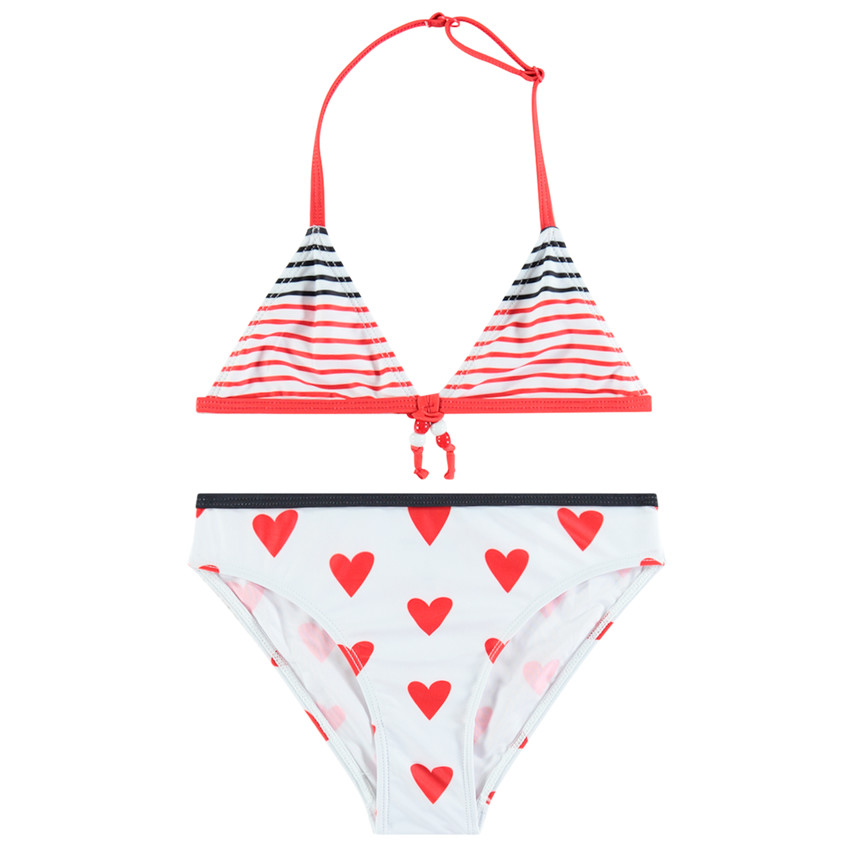 Bikini top triangular estampado rayas y braguita con corazones 