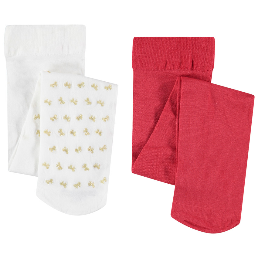 Lot de 2 collants fins rouge / à noeuds dorés 