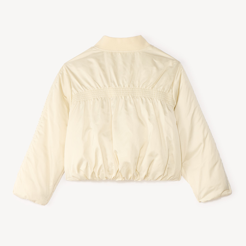 Chaqueta bomber para niña de tela con bordado floral. 