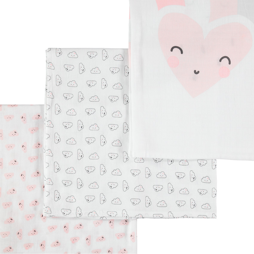Juego de 3 muselinas de algodón con estampado de corazones y nubes 