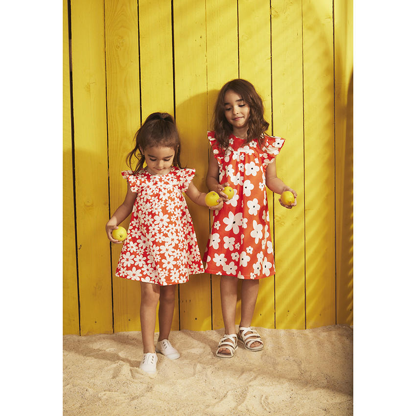 Vestido de manga corta con volantes y estampado de flores para niña 