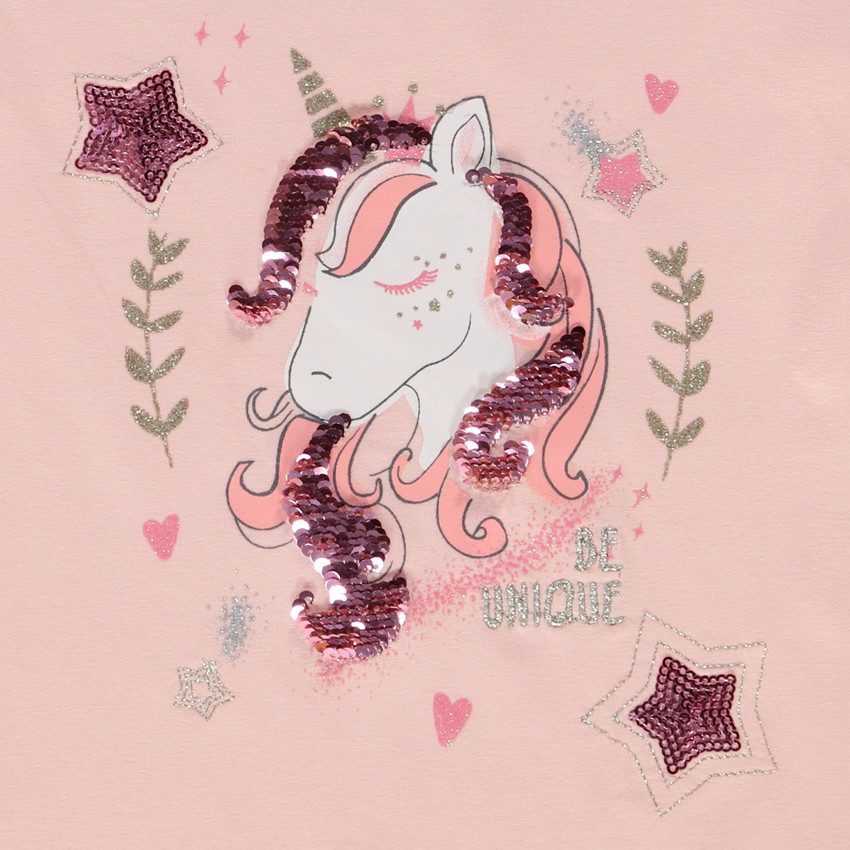 Camiseta manga corta con volantes en jersey estampado unicornio para niña 