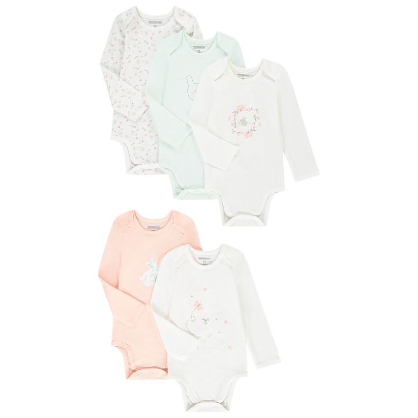 Lot de 5 bodies manches longues imprimé lapin Main Lot de 5 bodies manches longues imprimé lapin
