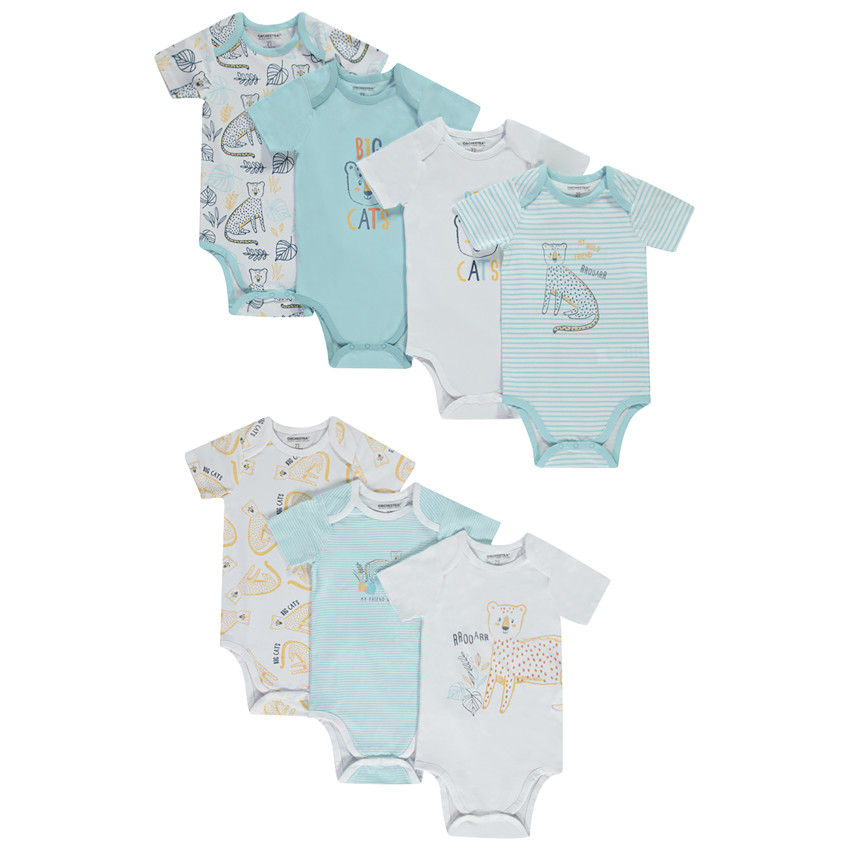 Lote de 7 bodies manga corta motivos felinos para bebé niño con diferentes aperturas según la edad 