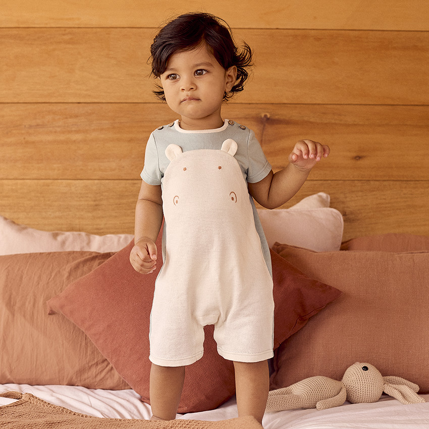 Combinaison de manga corta bordada de hipopótamo + orejas 3D para bebé niño 