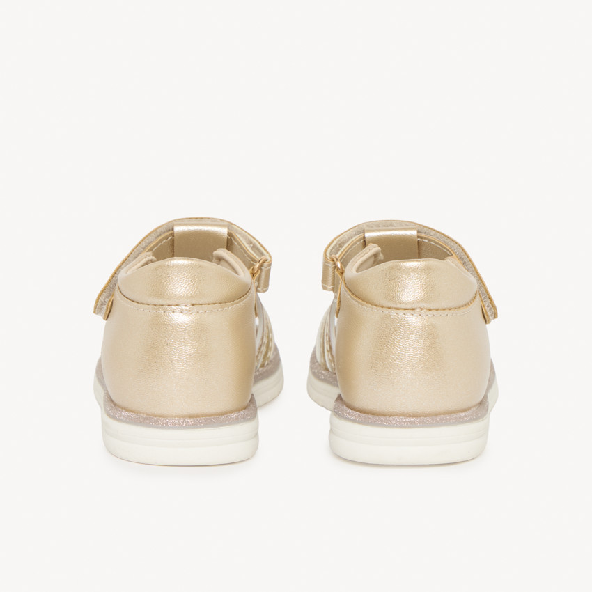 Sandalias de cuero doradas con brillos para niña bebé 