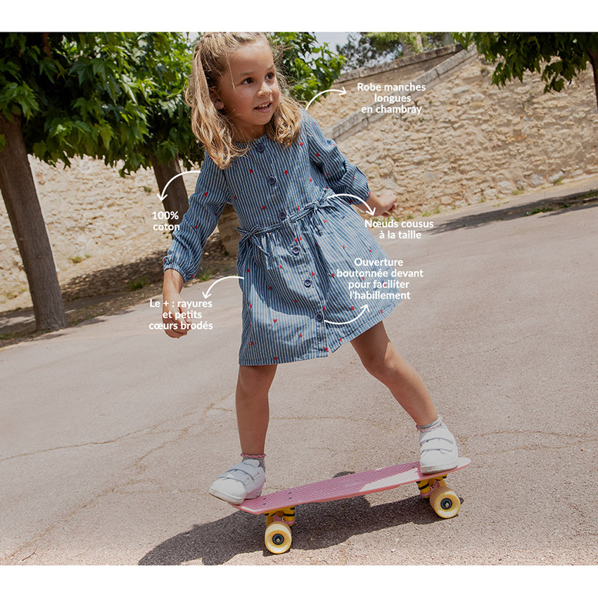 Vestido de chambray manga larga rayas y corazones bordados 