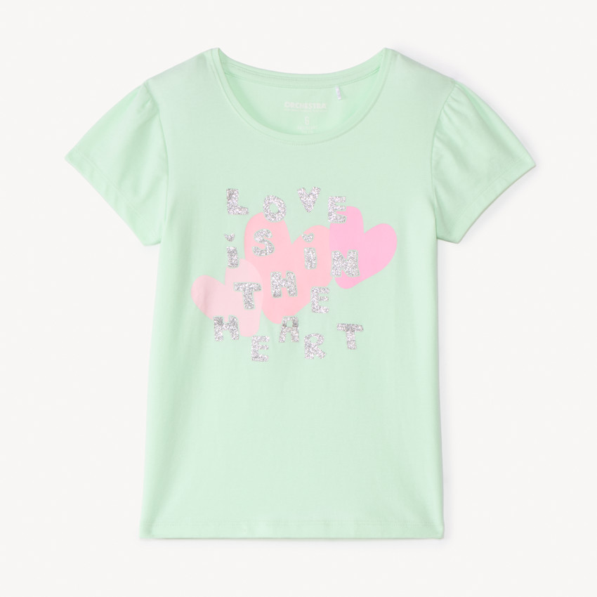 Camiseta de manga corta con estampado y brillos para niña 