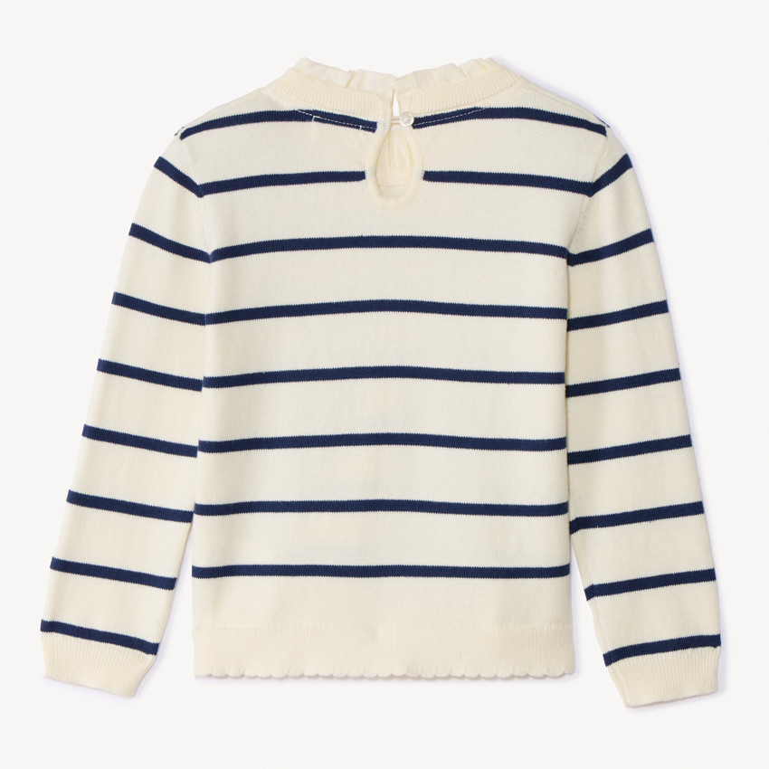 Jersey de punto con rayas y cuello de popelina con volante niña 