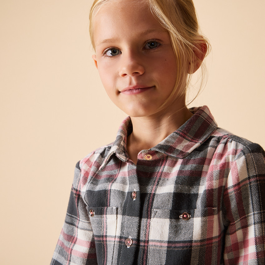 Ropa de camisa de cuadros con cinturón y mangas largas para niña 