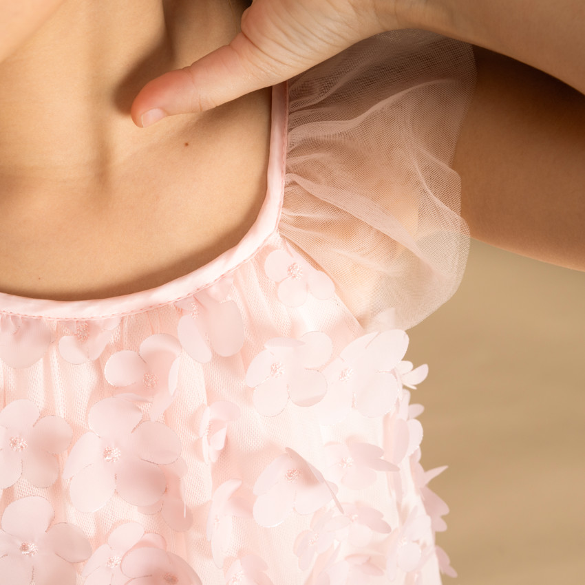 Robe de ceremonia en tul con flores 3D para niña 