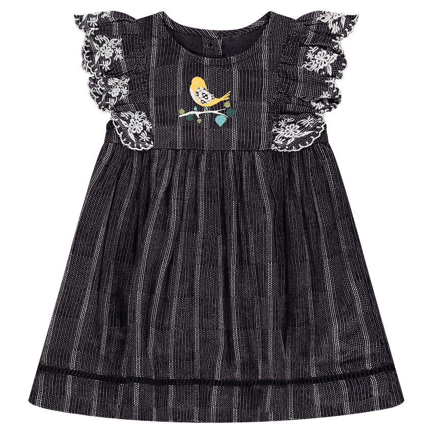 Vestido de manga corta con volantes y bordados con pájaro estampado 