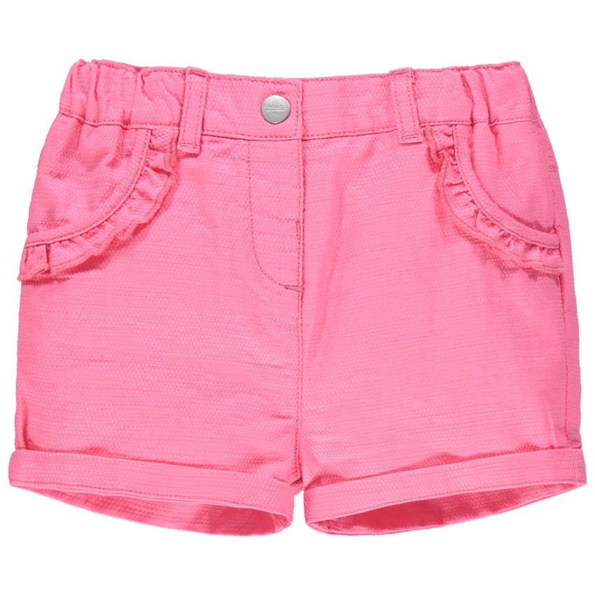 pantalon corto rose en maille y bolsillos con volantes 