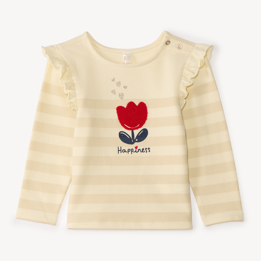 Camiseta de rayas de manga larga para bebé niña con parche de tulipán. 