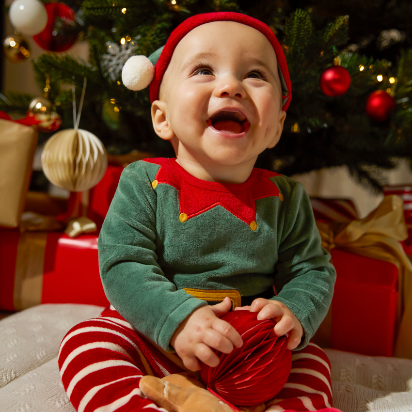 Conjunto divertido de pijama de duende navideño + gorro de terciopelo para bebé 