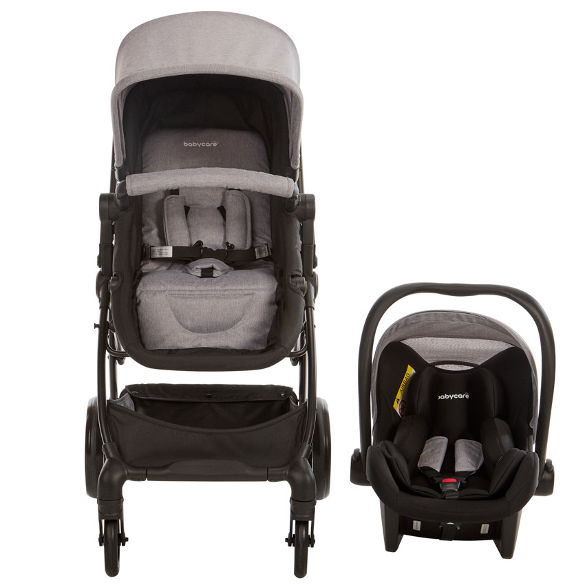 Carro trio combinado con silla de coche y capazo jaspeado/gris 