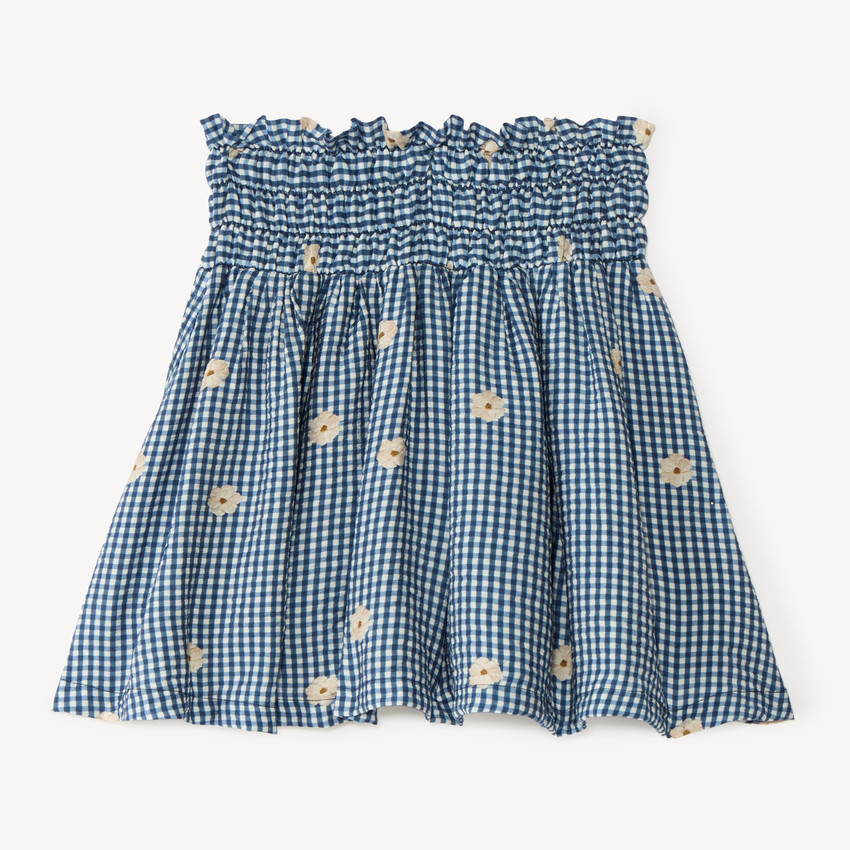 Falda de niña vichy con fruncido y bordado floral 