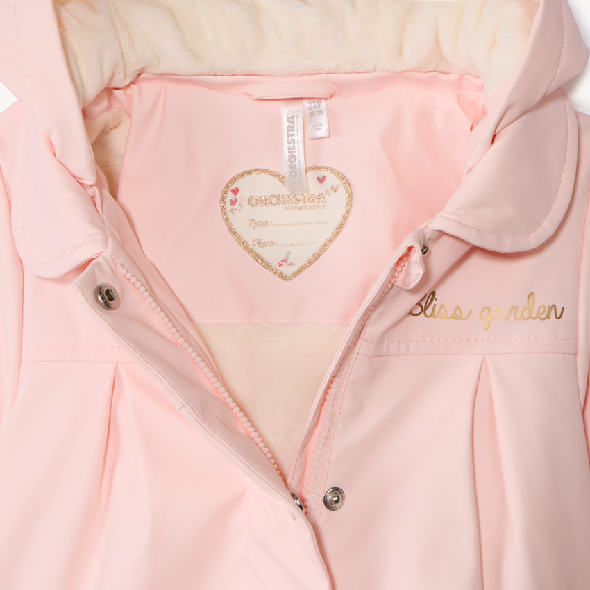 Parka de goma lisa rosa con capucha desmontable para bebé niña 