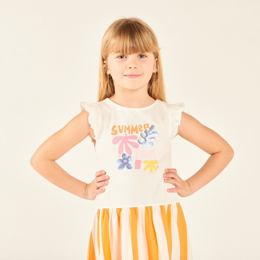 Vestido sin mangas 2 en 1 con parte inferior a rayas para niña 