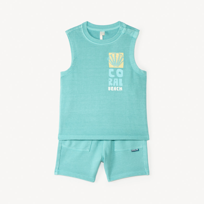 Conjunto de 2 piezas: camiseta sin mangas + pantalones cortos con bordado de concha para bebé niño. 