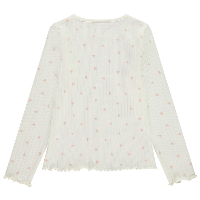 Camiseta de manga larga de punto acanalado con estampado de corazón para niña 