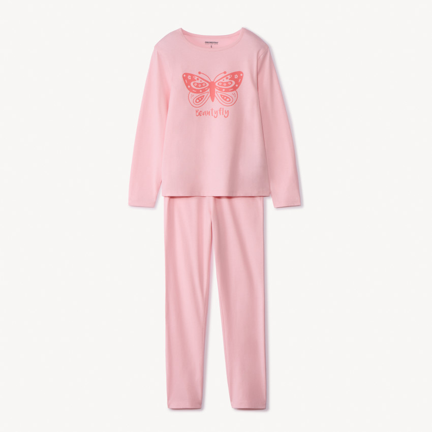 Conjunto pijama 2 piezas lisas con estampado de mariposa para niña 
